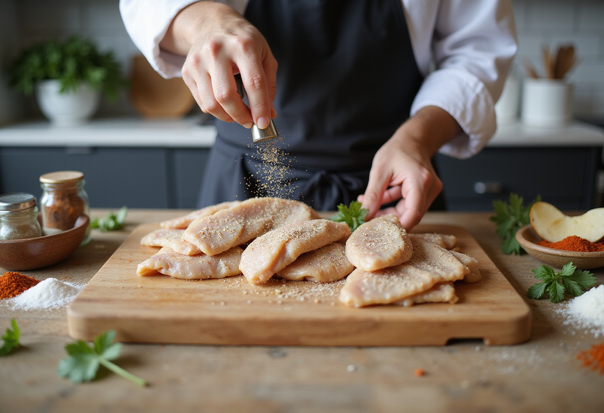 Seasoning chicken fillets with garlic powder and spices for a spicy, creamy garlic-Parmesan sauce.