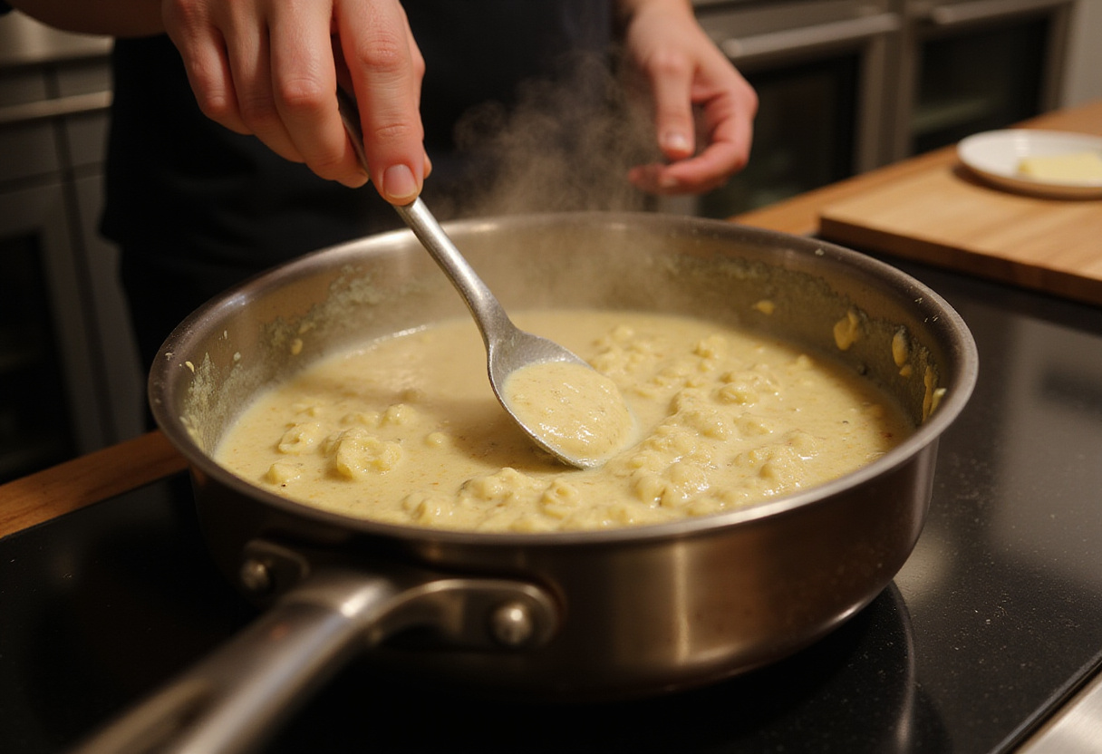 Preparing a creamy garlic-Parmesan sauce for chicken fillets in a warm kitchen setting.