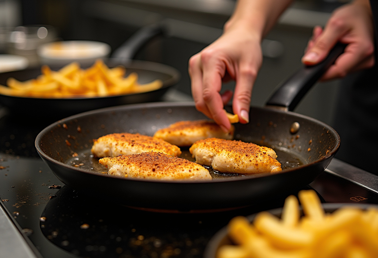 Cooking chicken fillets in a hot frying pan alongside crispy golden fries in a bustling kitchen.