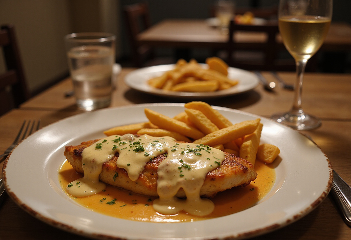 Serving chicken fillet in spicy creamy garlic-Parmesan sauce with fries on a dining table.