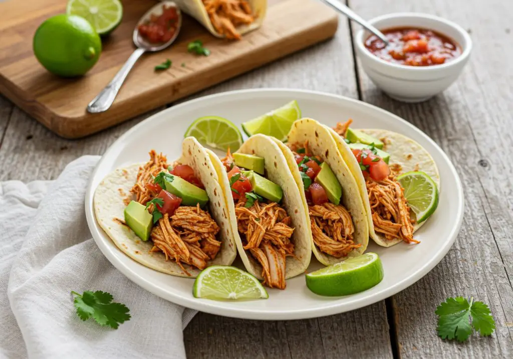 Final presentation of chicken street tacos with vibrant toppings and an inviting rustic setting, showcasing a delicious street food experience.