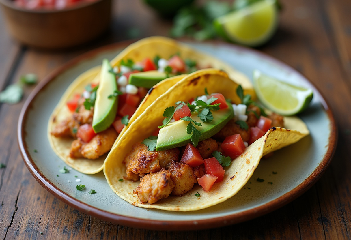 Final presentation of chicken street tacos with vibrant toppings and an inviting rustic setting, showcasing a delicious street food experience.