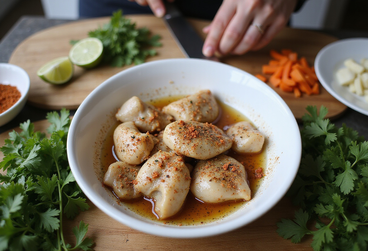 Marinating chicken for chicken street tacos with cilantro and spices, perfect for authentic street taco flavor.
