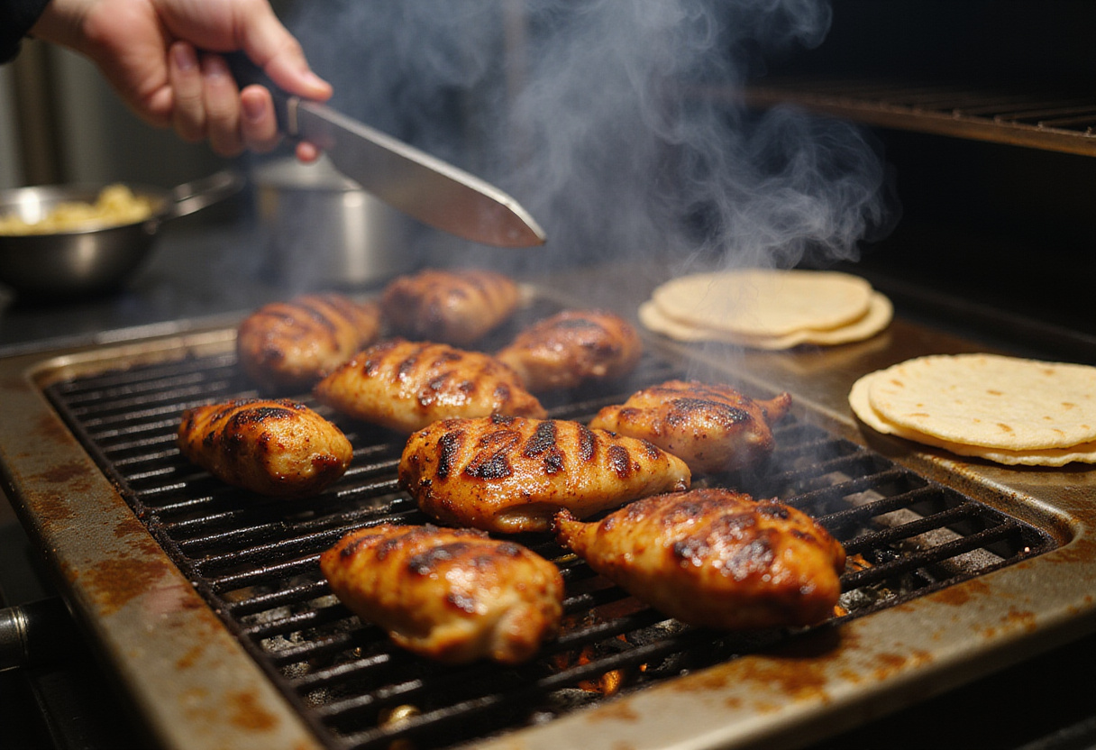 Grilling chicken for street tacos, showcasing perfect grill marks and juicy flavor, essential for delicious chicken street tacos.