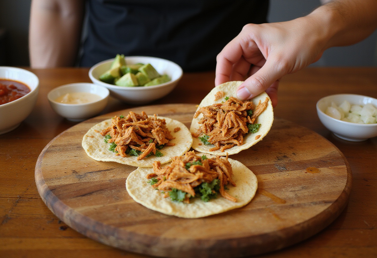 Assembling chicken street tacos with shredded chicken on corn tortillas, ready to be topped with salsa and fresh ingredients.