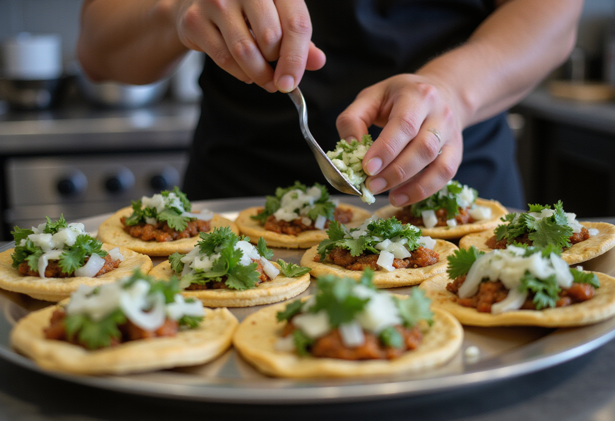 Finishing touches on chicken street tacos with onions and cilantro, making them vibrant and ready for enjoyment.