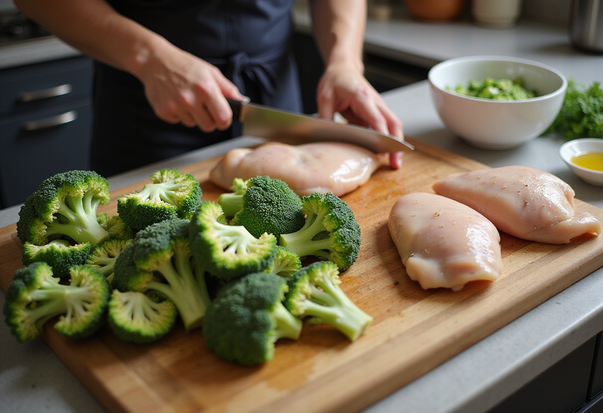 Preparing chicken and broccoli for easy dinner bowls, showcasing fresh ingredients and chopping techniques.