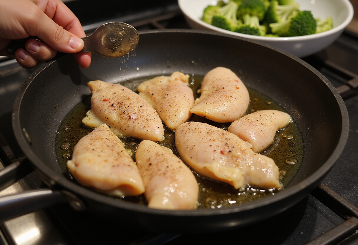 Seasoning chicken for chicken and broccoli bowls, capturing essential cooking steps to make dinner easy.