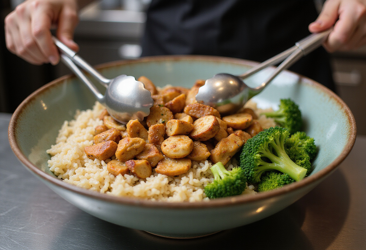 Assembling chicken and broccoli bowls, showcasing colorful and appetizing easy dinner ingredients being layered together.