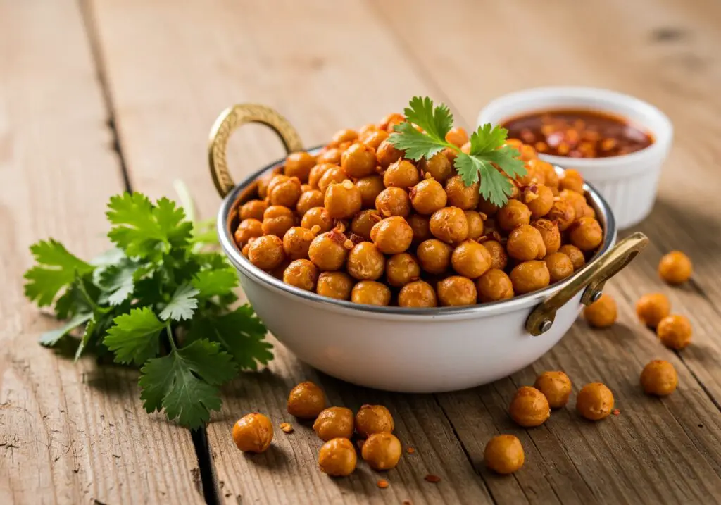 Final presentation of Chili Roasted Chickpeas, an appetizing and healthy snack perfect for any occasion.
