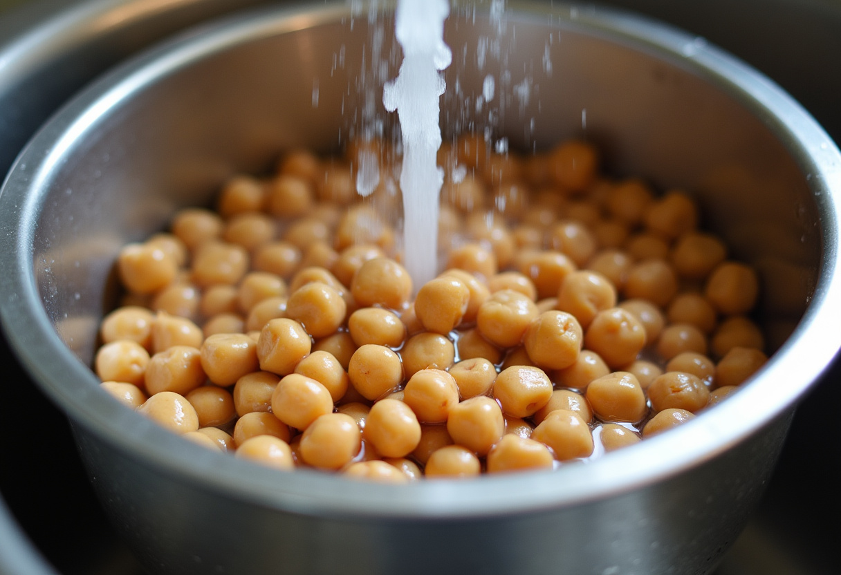 Chili Roasted Chickpeas preparation step showing rinsed canned chickpeas in a bowl, essential for a healthy snack.