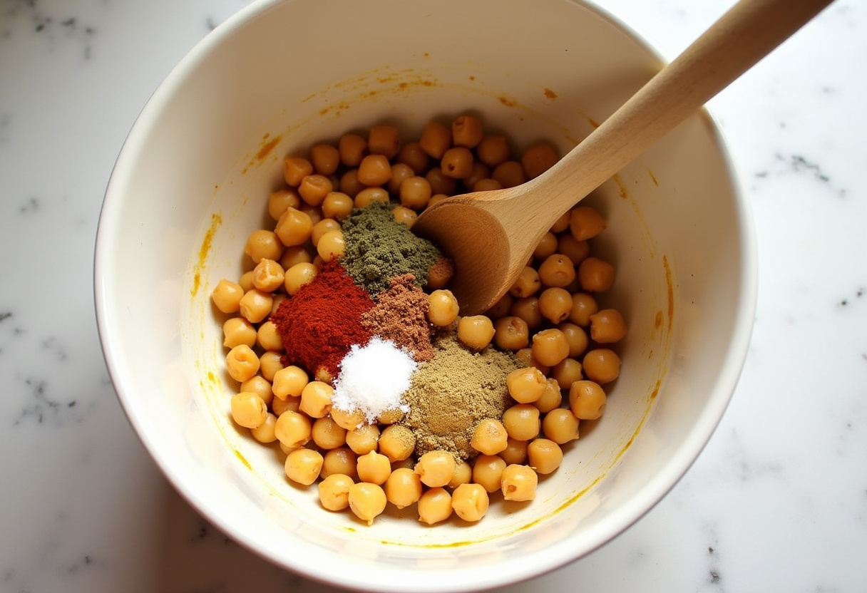 Mixing spices and chickpeas for Chili Roasted Chickpeas, highlighting the flavorful blend of spices for roasting.