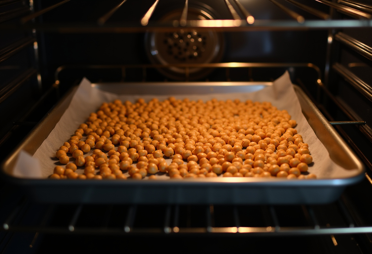 Chickpeas roasting to perfection in the oven, essential for making delicious Chili Roasted Chickpeas.