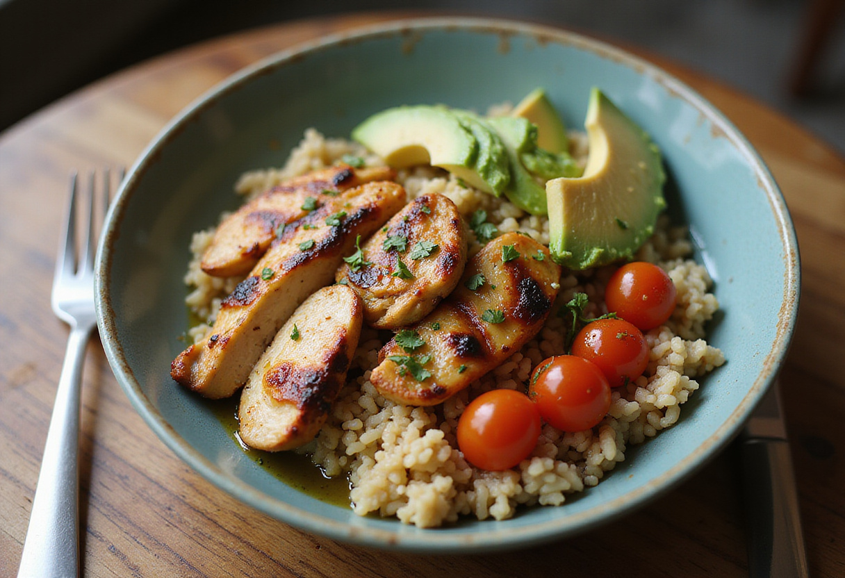 Final presentation of a chimichurri grilled chicken bowl with garlic sauce, a delicious and colorful meal ready to be enjoyed.