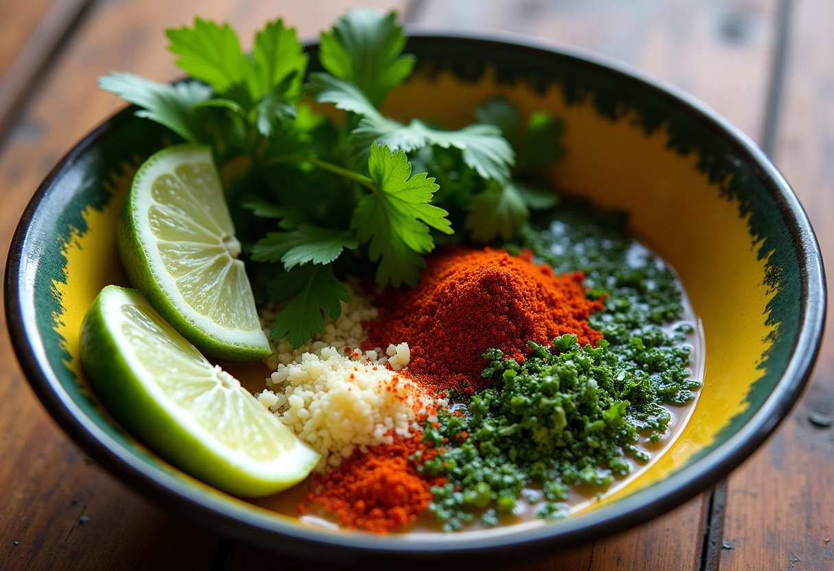 Chimichurri sauce ingredients for grilled chicken bowl, including cilantro, parsley, and garlic, perfect for flavoring chicken.