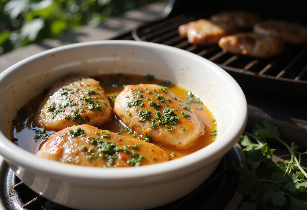 Marinated chicken in chimichurri sauce ready for grilling, capturing the essence of a flavorful chimichurri grilled chicken bowl.