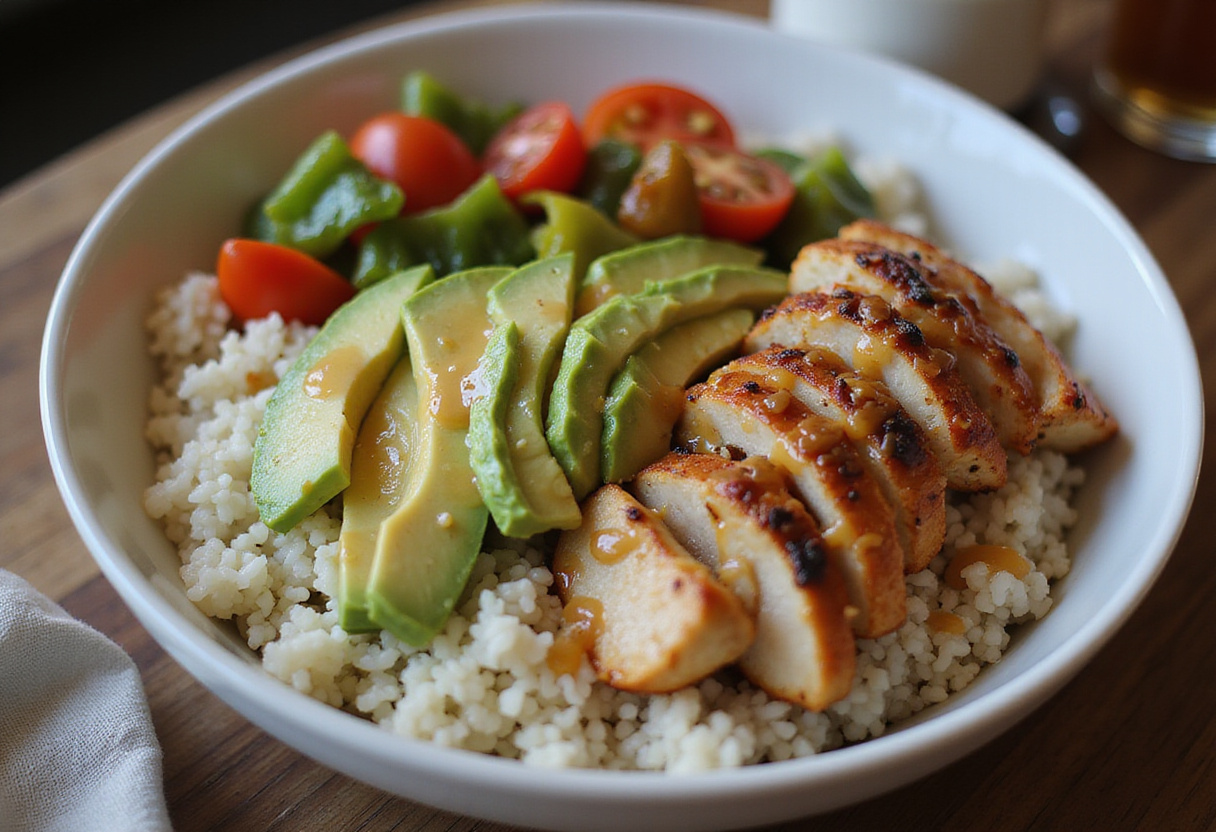 Assembling a chimichurri grilled chicken bowl with rice, grilled chicken, and fresh veggies, topped with a signature garlic sauce.