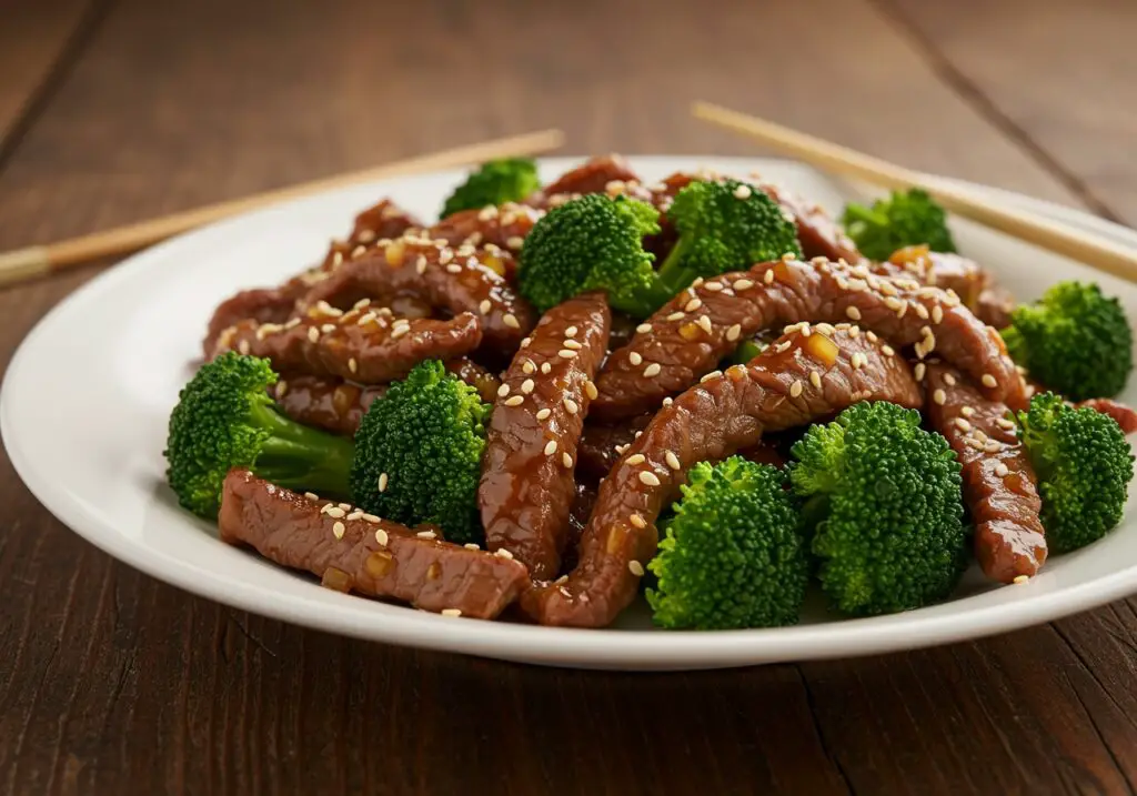 Delicious and attractive Chinese Beef and Broccoli, beautifully presented on a plate, perfect for serving in any Asian-inspired meal.