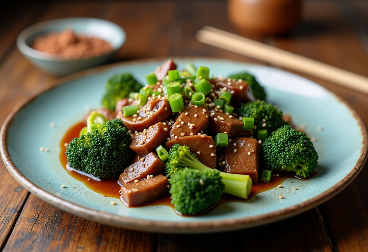 Deliciously plated Chinese Beef and Broccoli with vibrant colors, fresh ingredients, appealing presentation for a delightful meal.