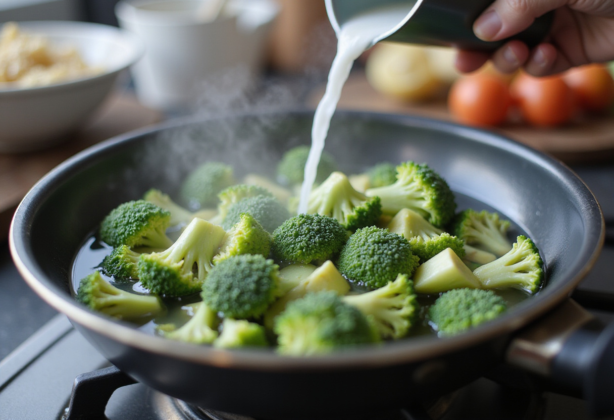 Fresh broccoli being blanched for Chinese Beef and Broccoli, vibrant green color, healthy vegetables, cooking preparation.