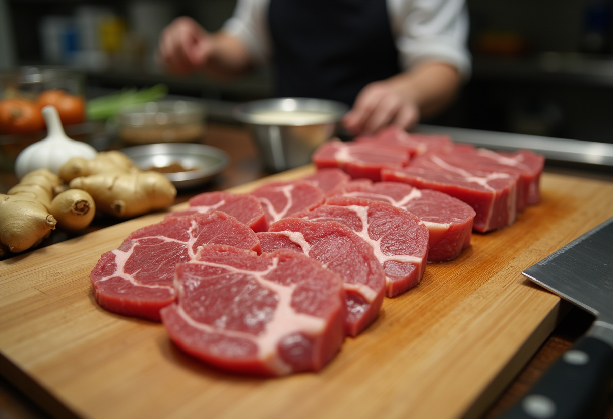 Preparing thinly sliced beef for Chinese Beef and Broccoli, essential garlic and ginger ingredients, home cooking setup.