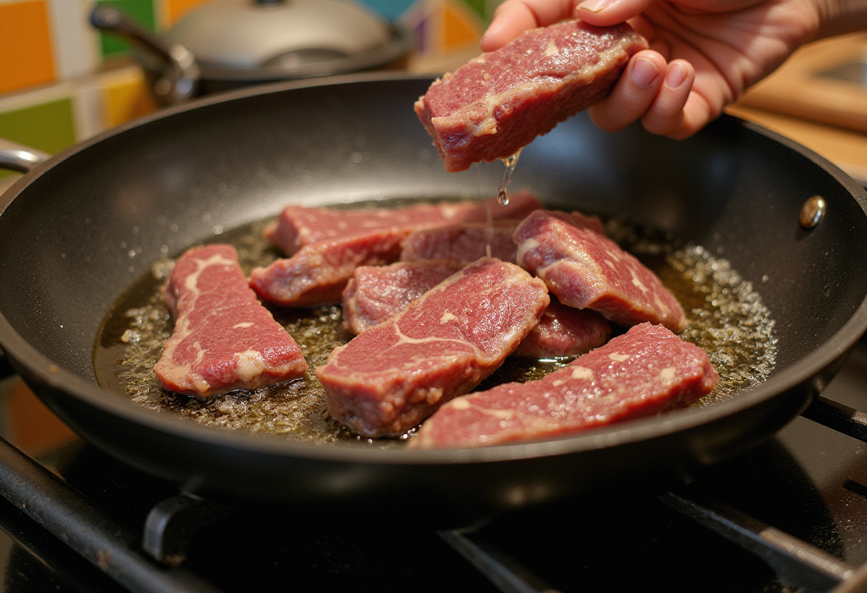 Cooking sliced beef for Chinese Beef and Broccoli in a hot skillet, capturing the savory browning process, dynamic cooking scene.