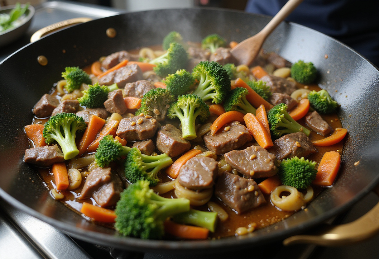 Stir-frying beef and broccoli for Chinese Beef and Broccoli, vibrant colors and textures in a traditional wok, lively cooking action.