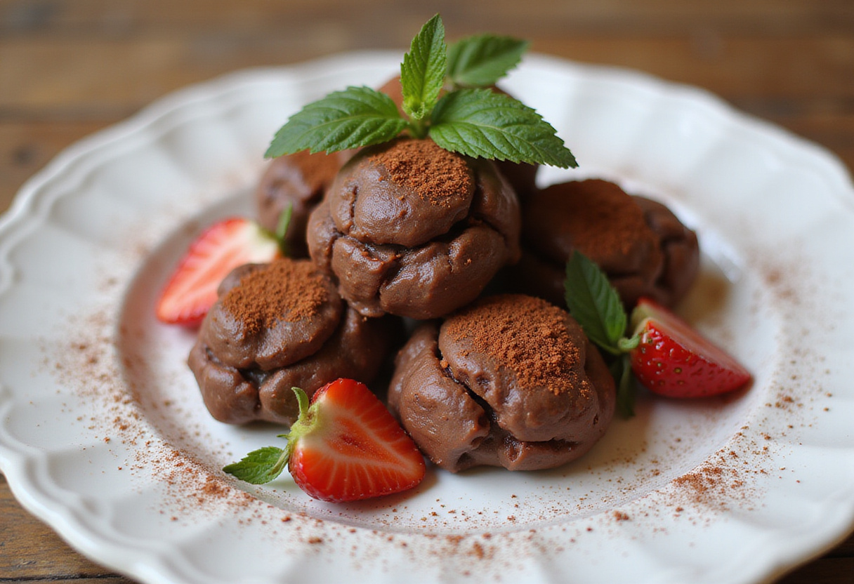 A stunning display of Chocolate Strawberry Yogurt Clusters on a beautiful plate, showcasing the perfect dessert for chocolate and strawberry lovers.