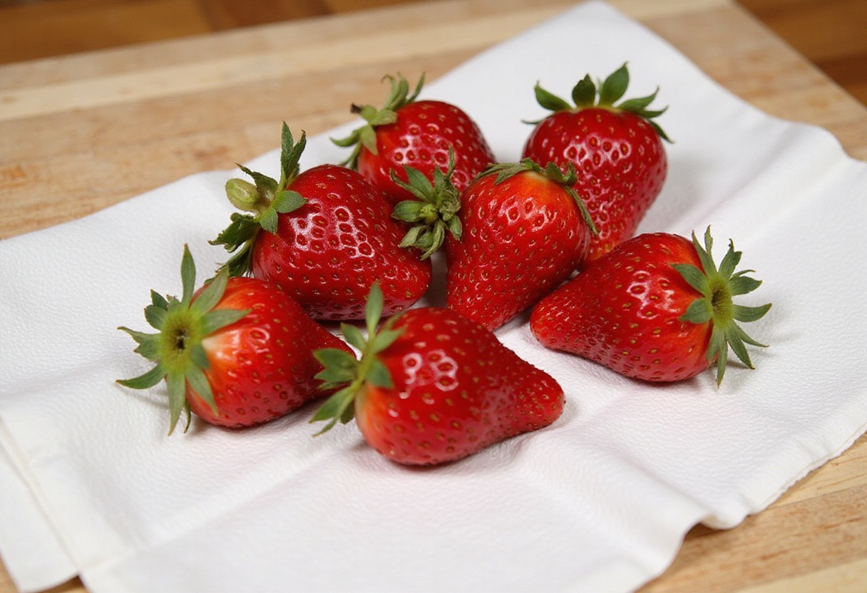 Fresh strawberries being rinsed and dried for Chocolate Strawberry Yogurt Clusters, showcasing the importance of clean ingredients in a delicious dessert.