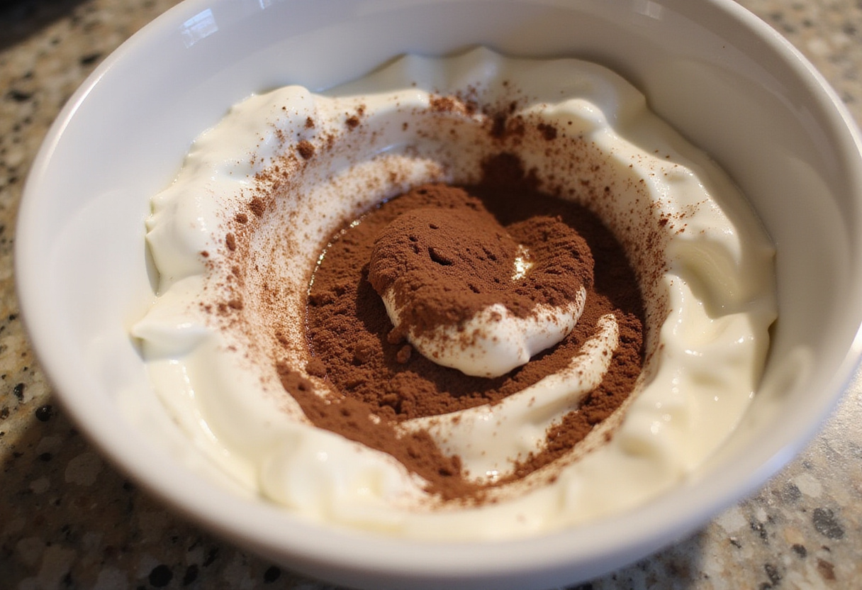 A bowl filled with creamy Greek yogurt mixed with cocoa powder and honey, ready for dipping strawberries for Chocolate Strawberry Yogurt Clusters.