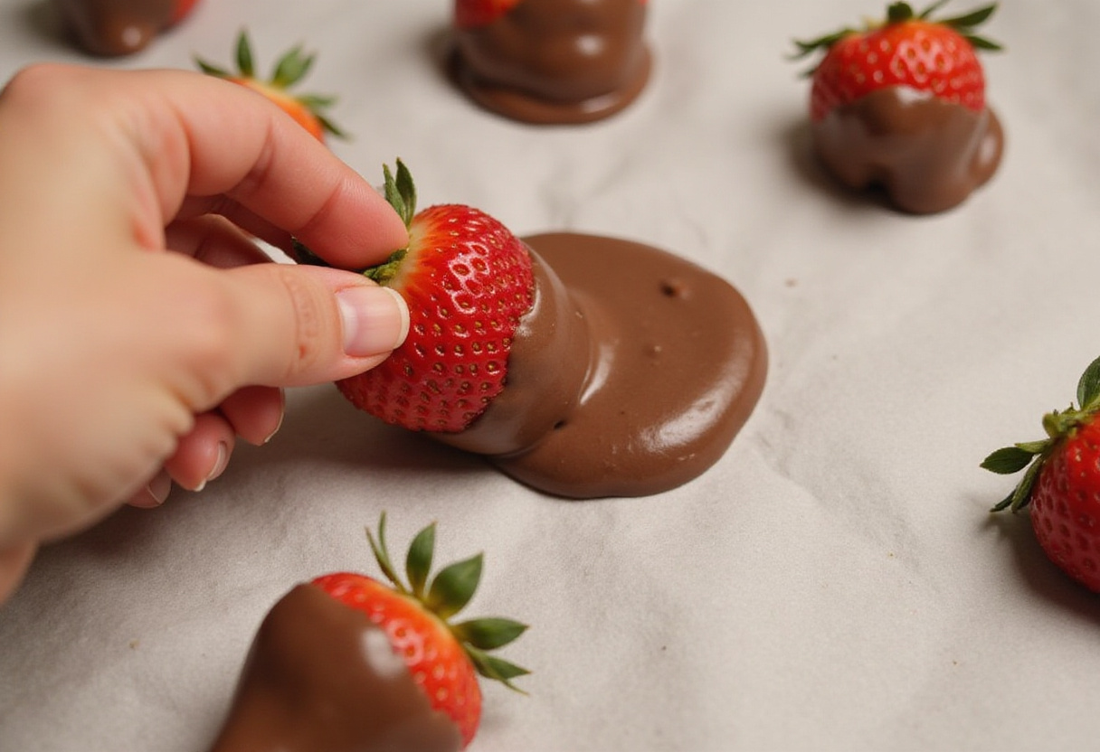 Strawberries coated in rich chocolate yogurt mixture being arranged on a baking sheet, illustrating the process of creating Chocolate Strawberry Yogurt Clusters.