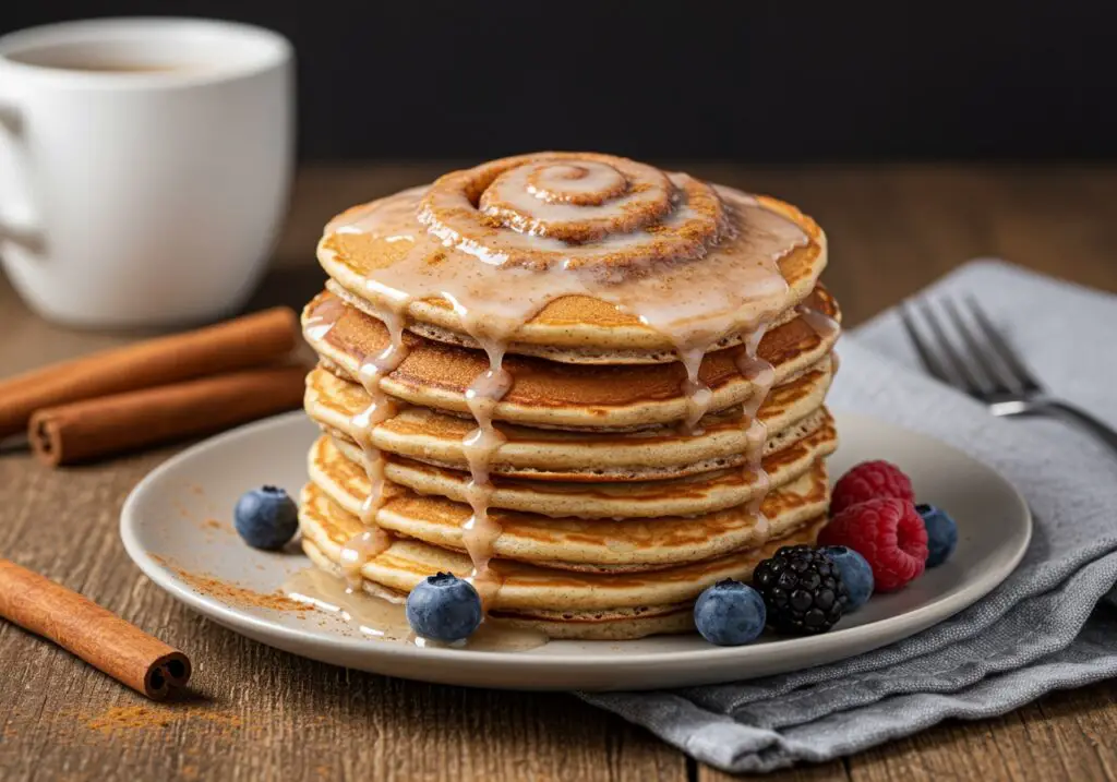 A delectable stack of cinnamon roll pancakes with icing and berries, presenting an inviting and delicious breakfast dish perfect for any morning.