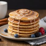 A delectable stack of cinnamon roll pancakes with icing and berries, presenting an inviting and delicious breakfast dish perfect for any morning.