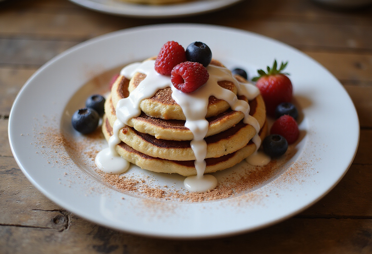 A delectable stack of cinnamon roll pancakes with icing and berries, presenting an inviting and delicious breakfast dish perfect for any morning.