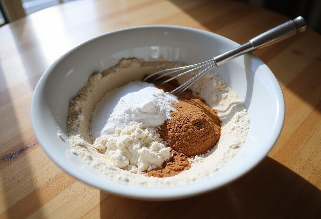 Preparing dry ingredients for cinnamon roll pancakes with flour, sugar, baking powder, and cinnamon in a cozy kitchen scene.