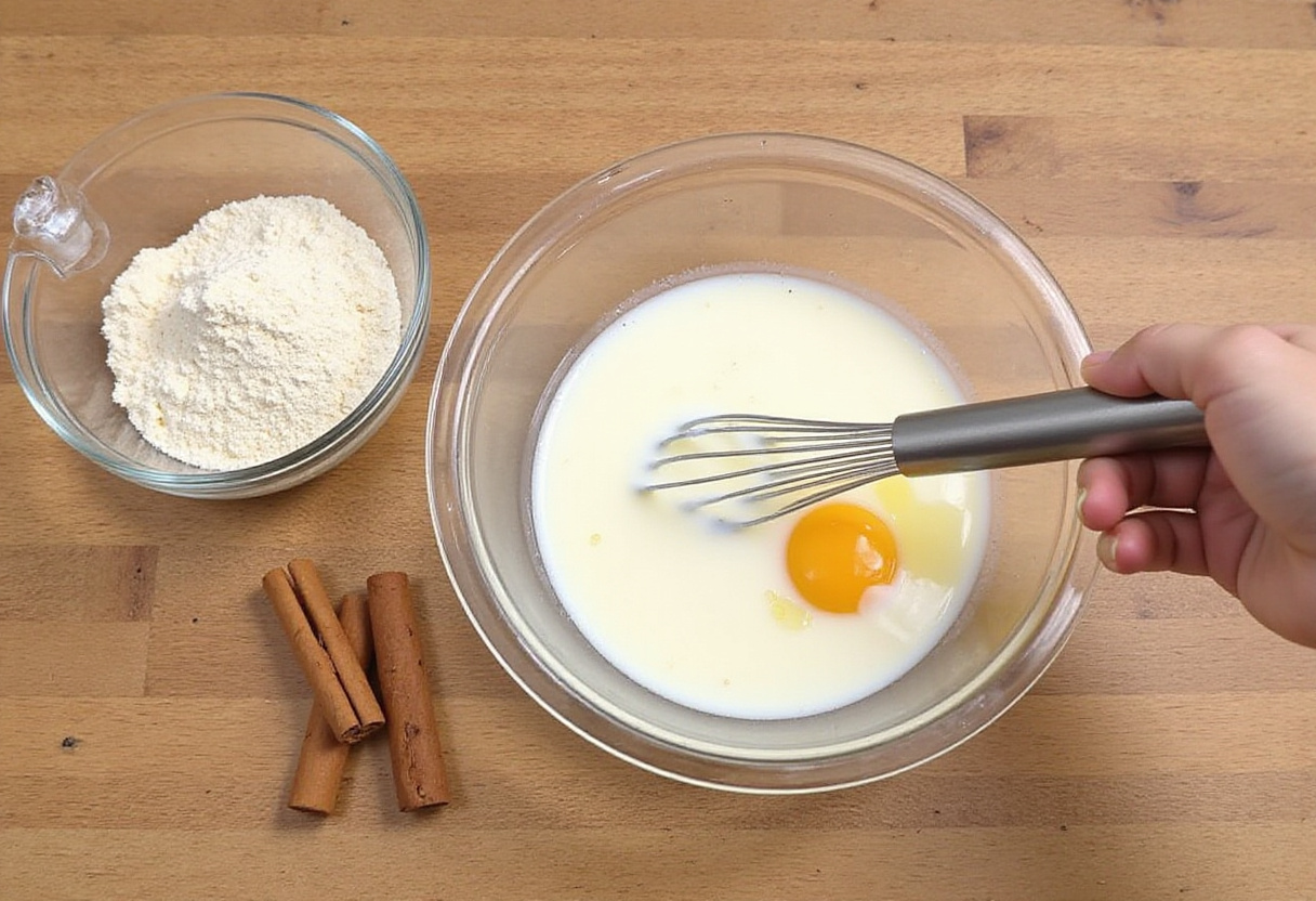Mixing wet ingredients for cinnamon roll pancakes with milk and eggs in a bright kitchen setting adorned with cinnamon sticks.