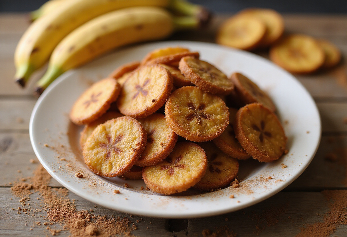 Delicious cinnamon-sugar air fryer banana chips displayed on a plate, capturing the crispy and sweet treat ready to be enjoyed.