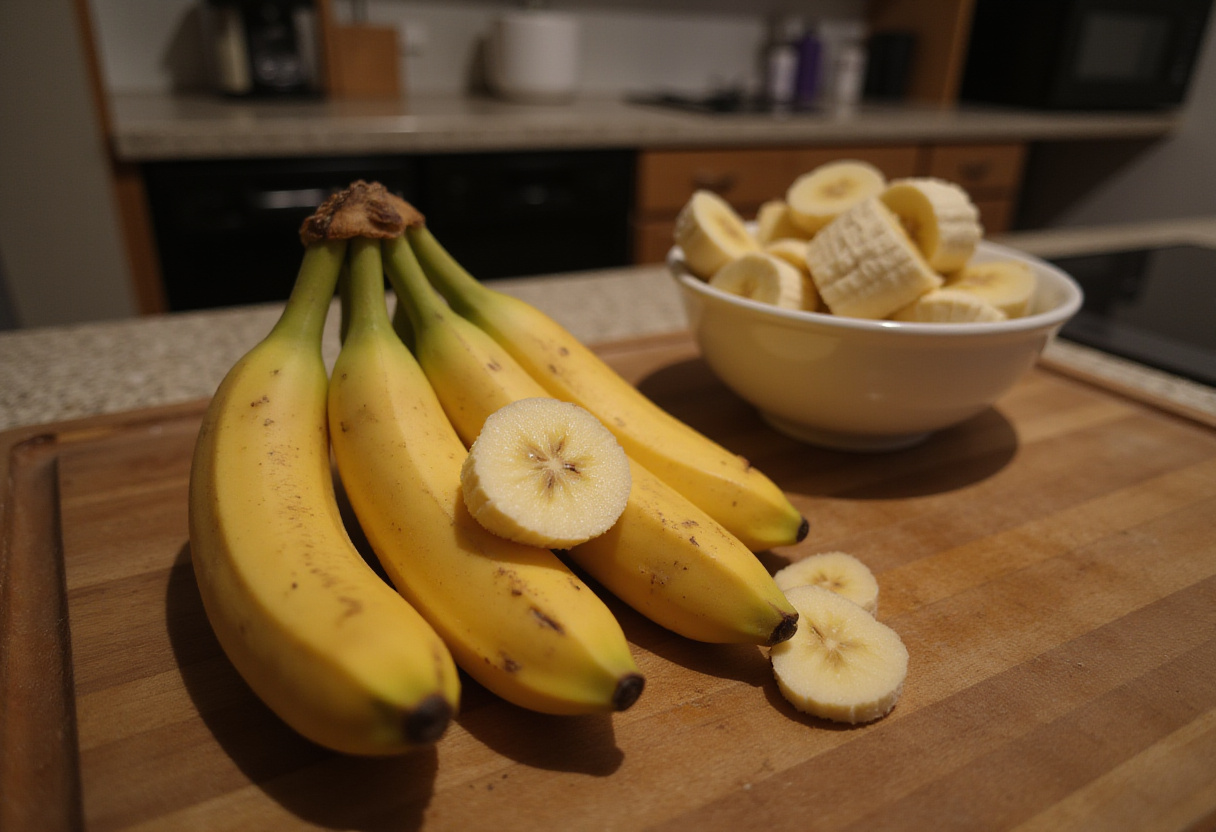 Slicing ripe bananas for cinnamon-sugar air fryer banana chips, showcasing fresh ingredients and kitchen ambiance.