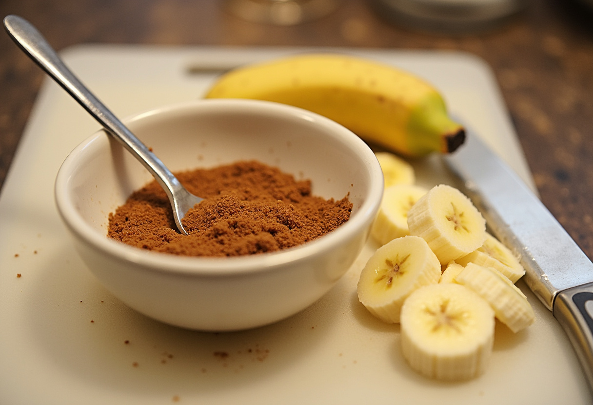 Mixing cinnamon and sugar for enhancing air fryer banana chips, highlighting the sweet spices used in the recipe.