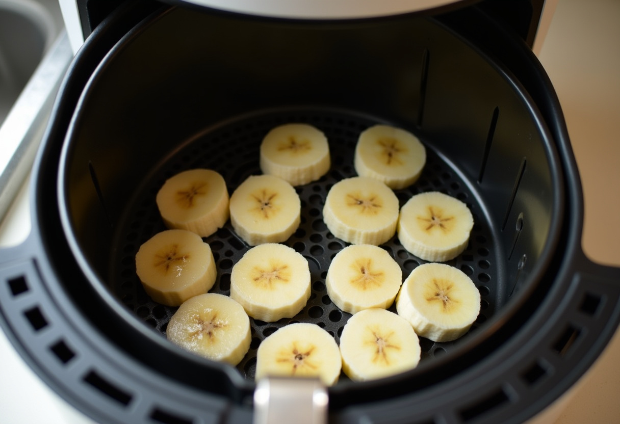 Arranging banana slices in an air fryer basket for perfect cinnamon-sugar banana chips, demonstrating preparation for air frying.