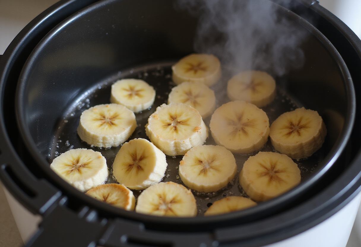 Air fryer in action cooking banana slices, providing a glimpse of the cooking process for making delicious banana chips.