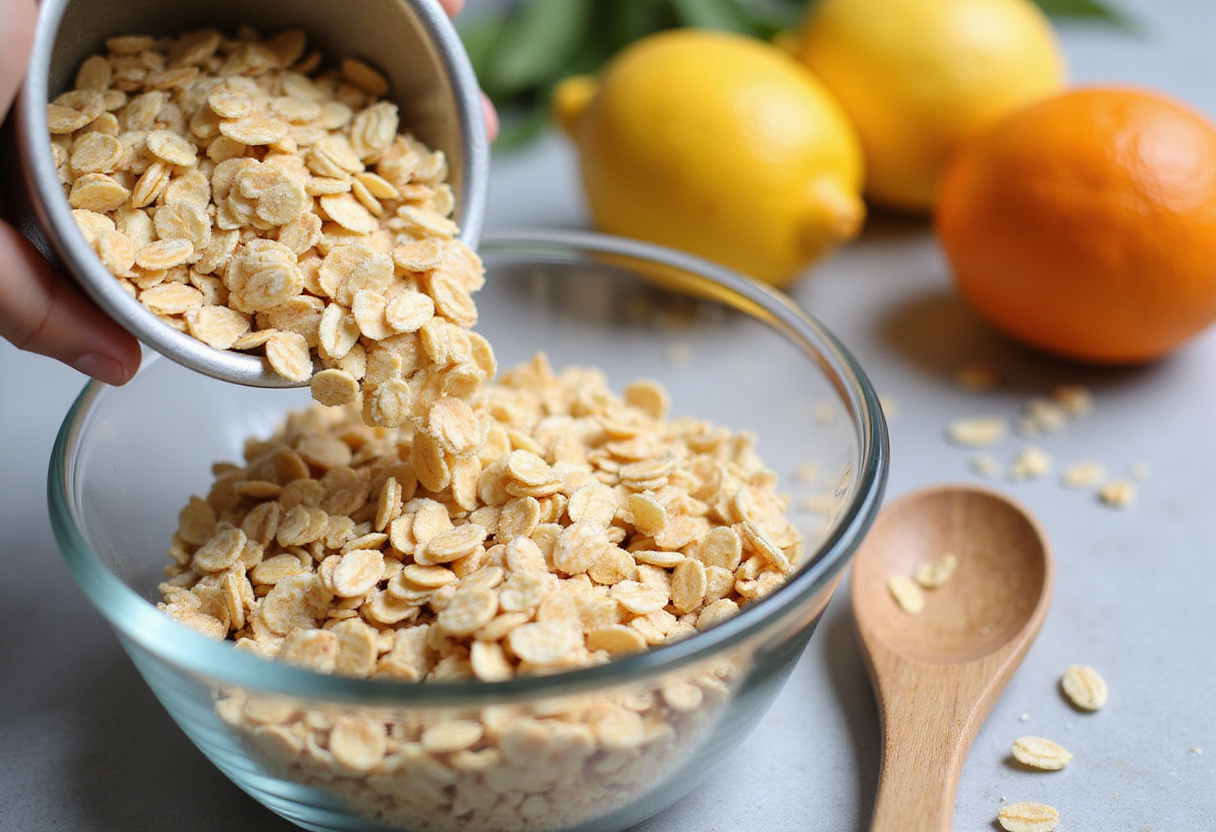 Delicious rolled oats for Citrus-Spiced Overnight Oats preparation with fresh citrus fruits in the background.