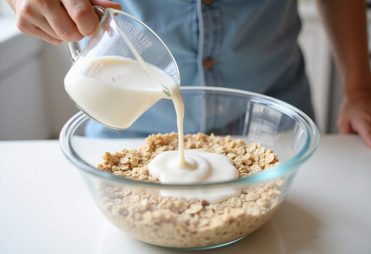 Pouring almond milk over oats to make Citrus-Spiced Overnight Oats in a bright kitchen setting.