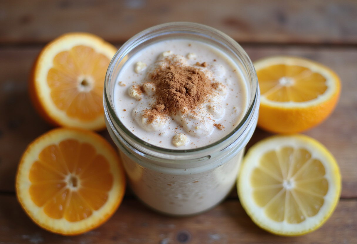 Citrus-Spiced Overnight Oats in a sealed glass jar ready for refrigeration, with fresh citrus slices and cinnamon.