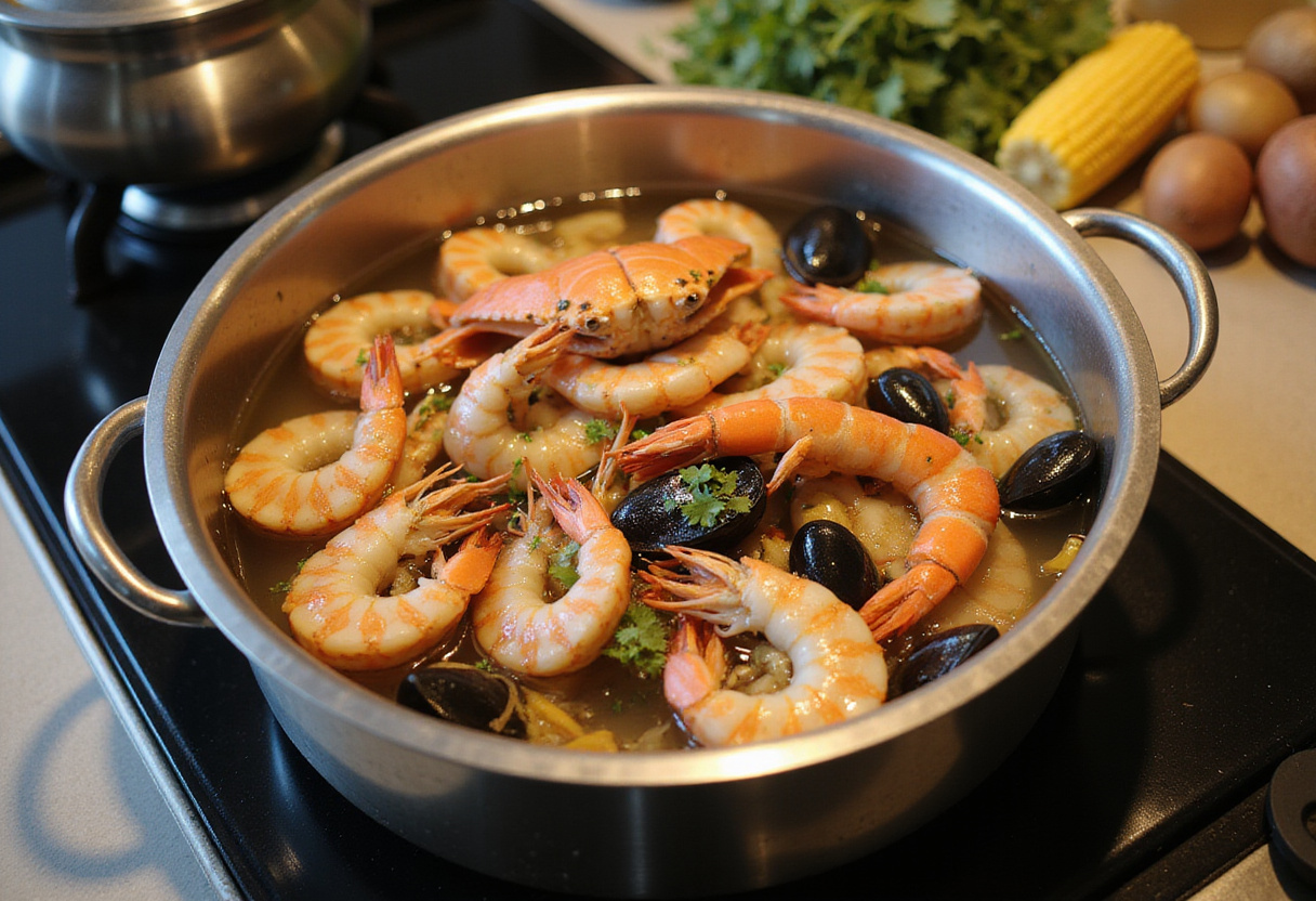Preparing for a classic seafood boil with fresh shrimp, crab, mussels, corn, and potatoes in a large pot ready for boiling.