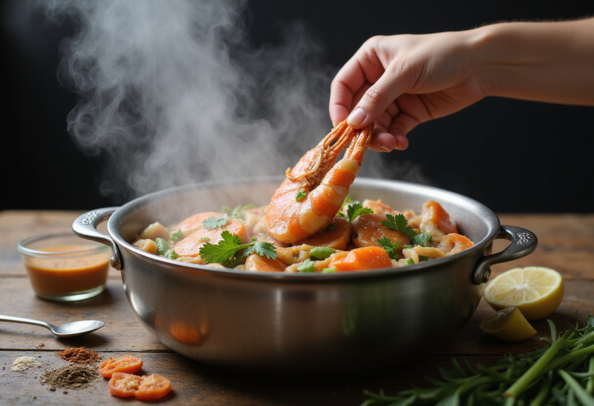 Adding shrimp, crab, and corn to the pot for a classic seafood boil, featuring vibrant colors and flavorful spices.