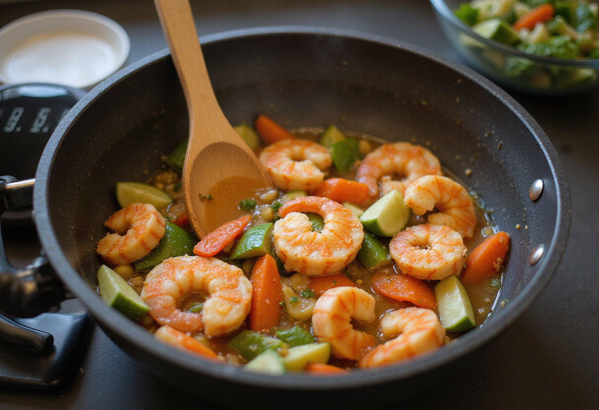Stirring the classic seafood boil in a pot, showcasing the mix of colors from shrimp, crab, corn, and spices cooking together.