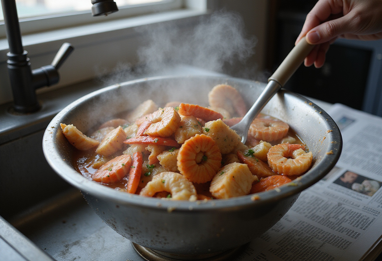 Draining the classic seafood boil, preparing a fresh and delicious serving with shrimp, crab, and corn on a table.