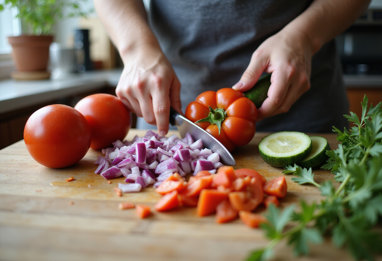 Fresh vegetables being chopped for a delicious cold Panzanella salad, including tomatoes, cucumbers, and red onions, creating a vibrant and refreshing dish.