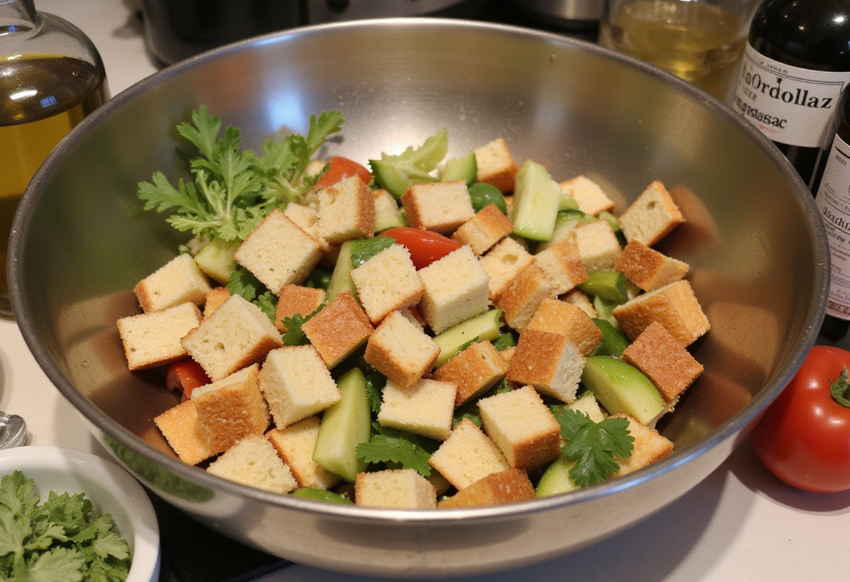 Mixing diced bread with chopped vegetables in a large bowl for Panzanella, highlighting the combination of textures and flavors in this classic Italian salad.
